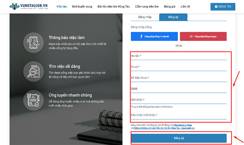 Nhấn đăng ký sau khi đã điền đầy đủ các thông tin 